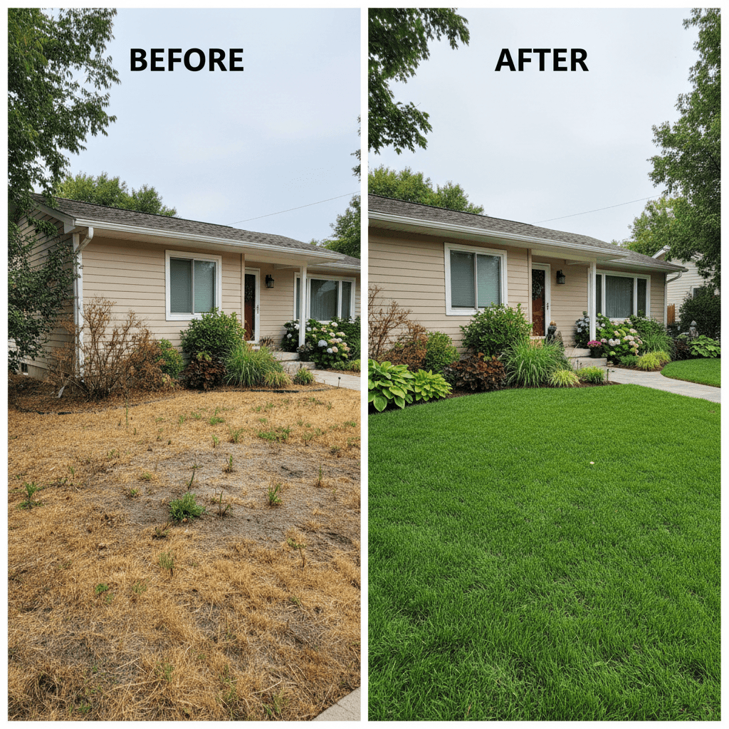 Before and after landscape transformation with new sod and plants