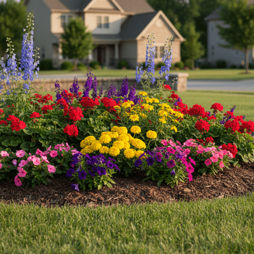 Flower bed with colorful flowers and fresh mulch in a residential yard