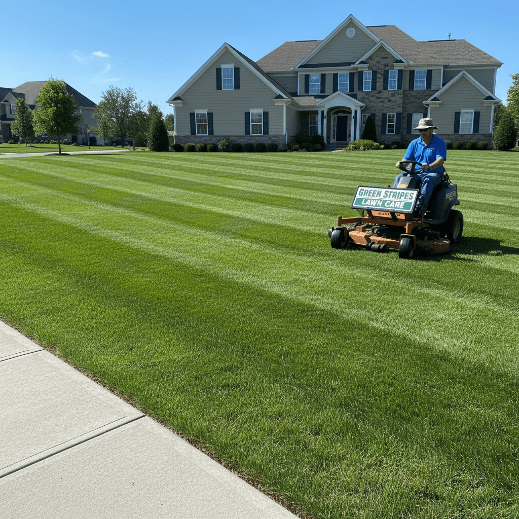 Lawn mowing service on a green lawn with striped pattern and clean edges