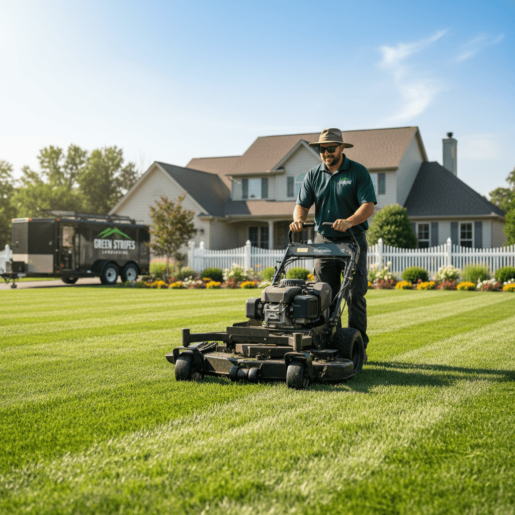 Professional landscaper pushing a lawn mower across a well-kept green lawn