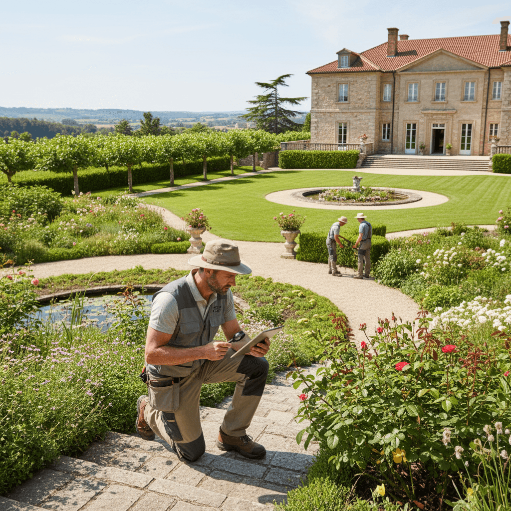 Professional landscaper inspecting a garden and property grounds
