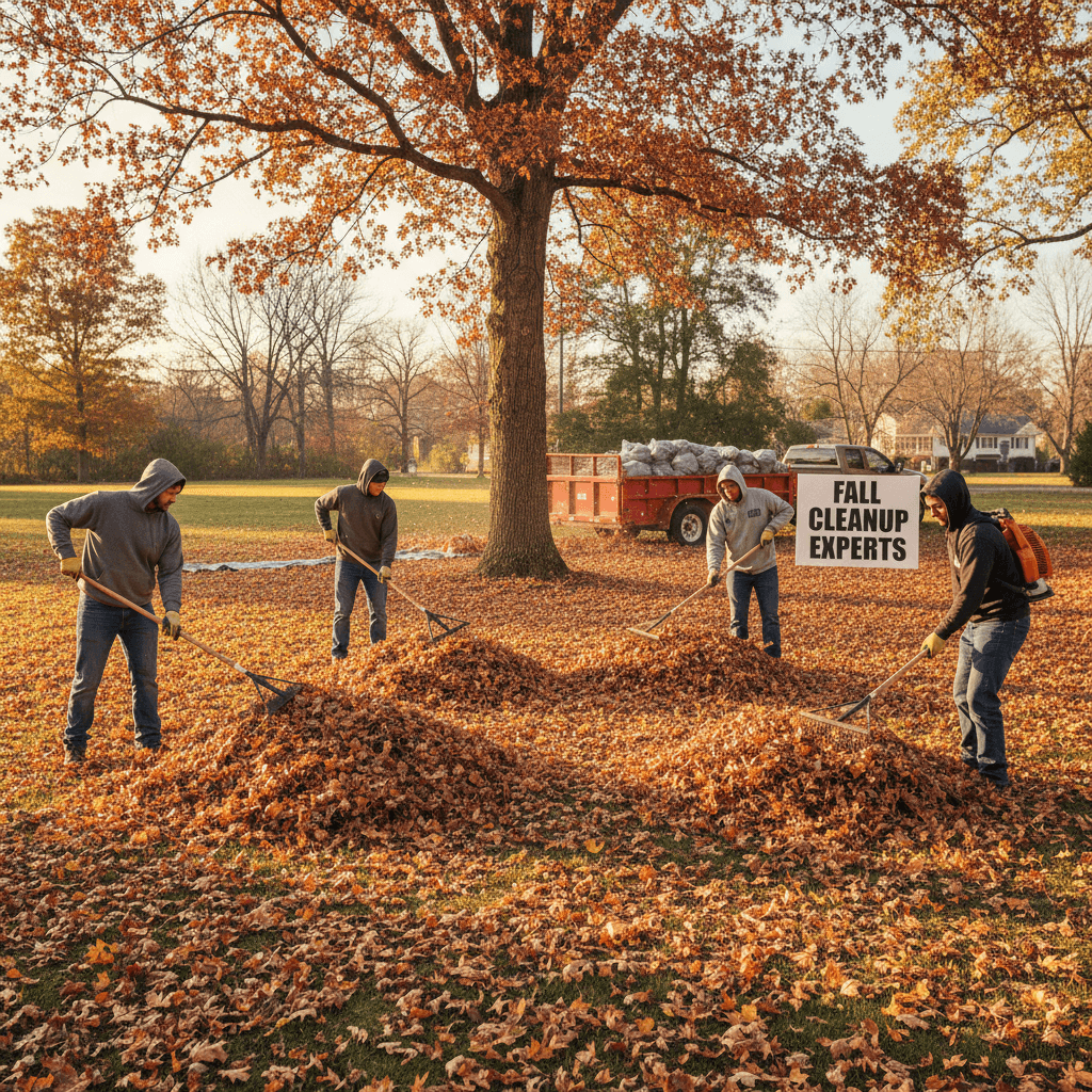 Landscaping crew raking leaves and cleaning up a residential yard