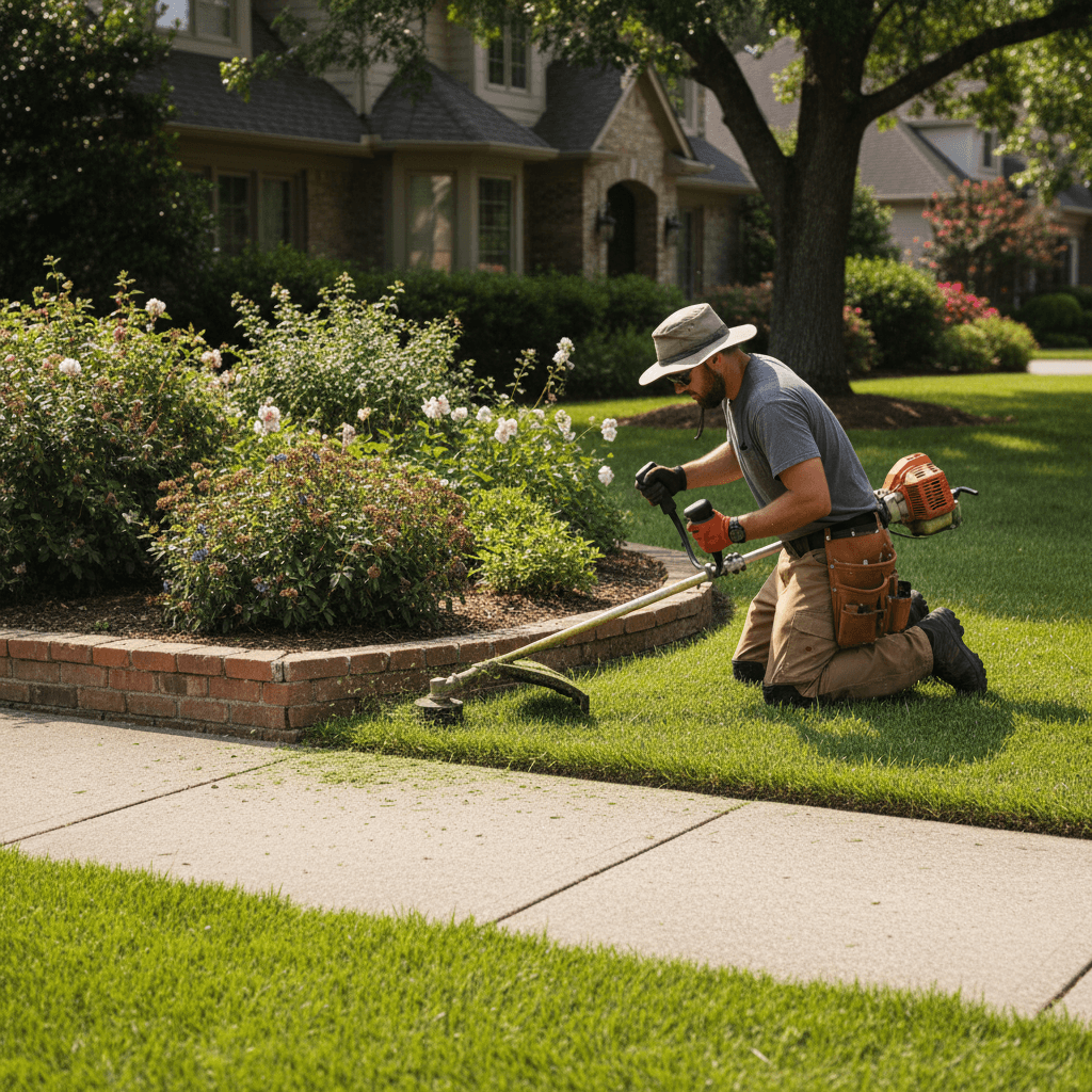 Landscaper trimming grass edges along a concrete sidewalk and flower bed