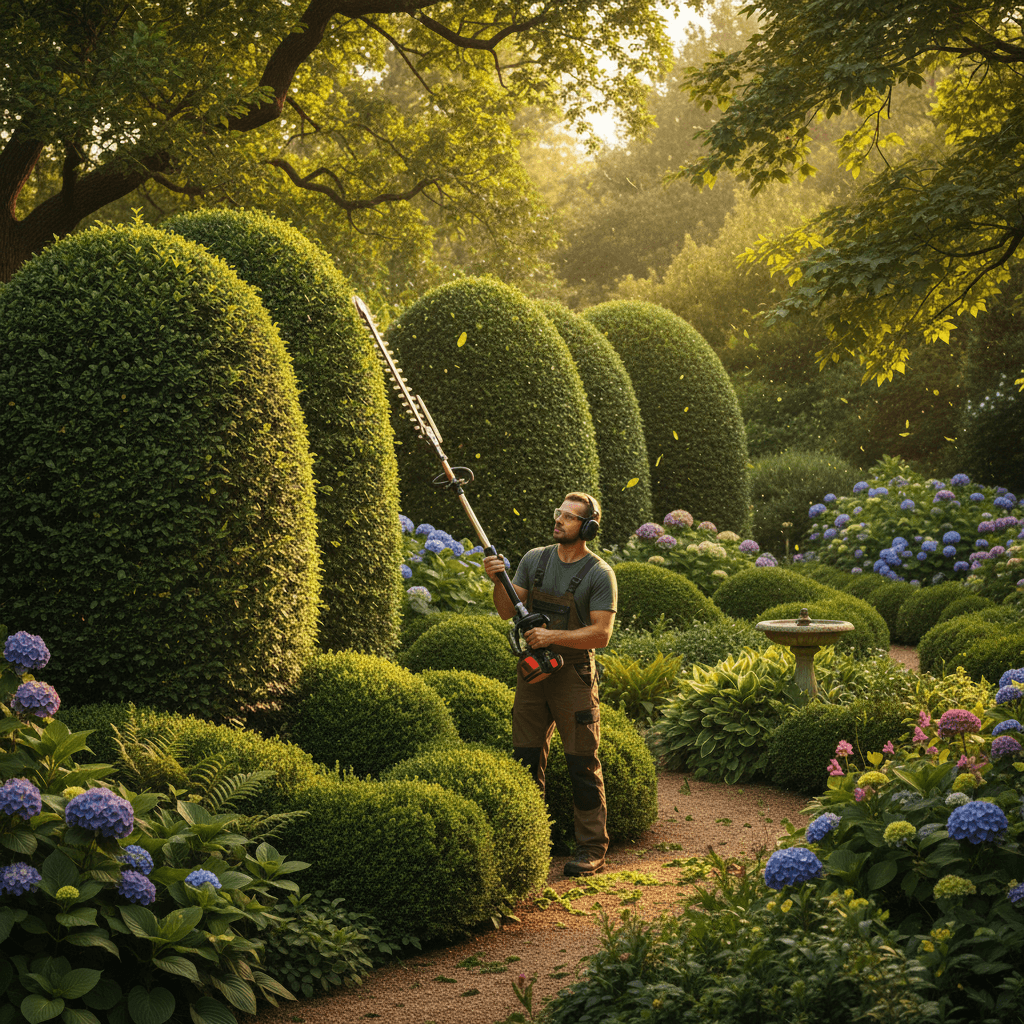 Professional landscaper trimming hedges in a lush garden with warm sunlight