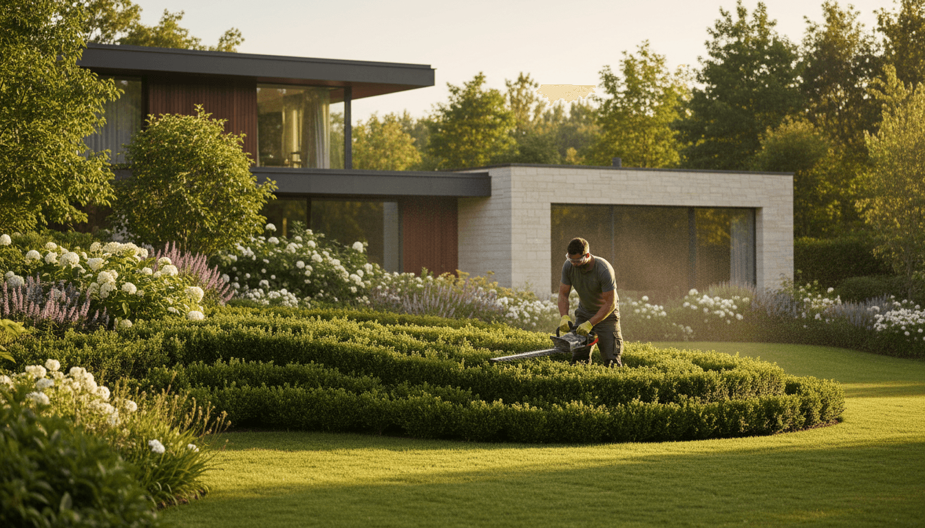 Professional landscaper trimming hedges in a lush green garden with a modern home in the background during warm sunlight