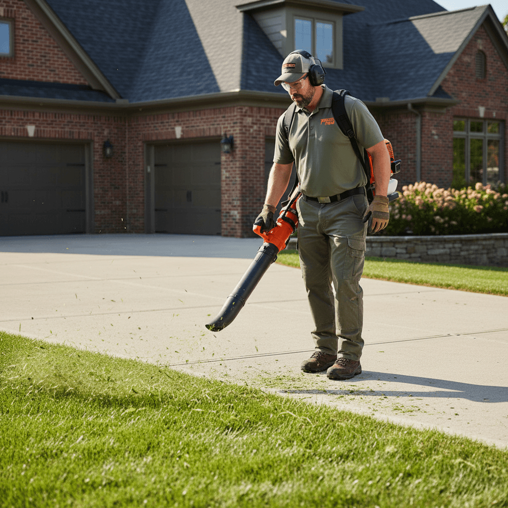 Professional using a leaf blower to clean grass clippings from a driveway
