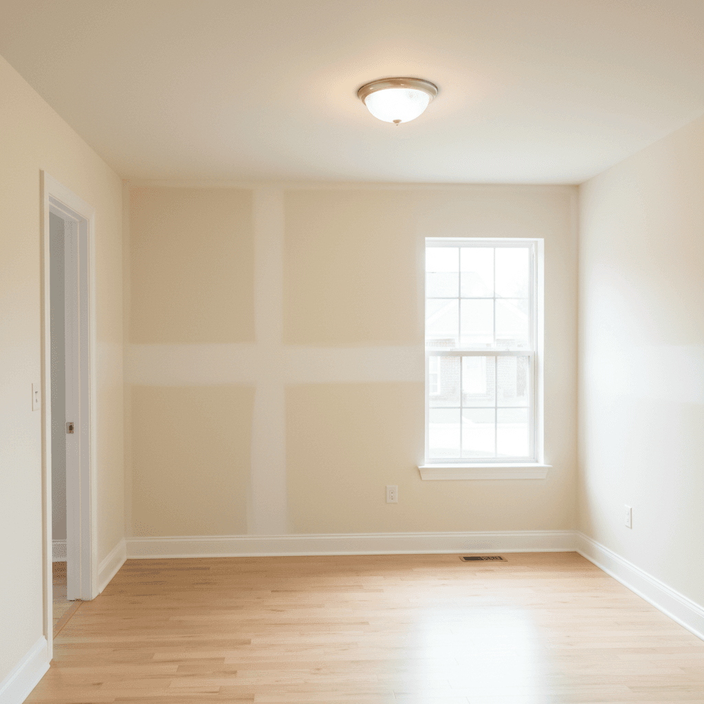Freshly painted interior room with repaired drywall clean and bright