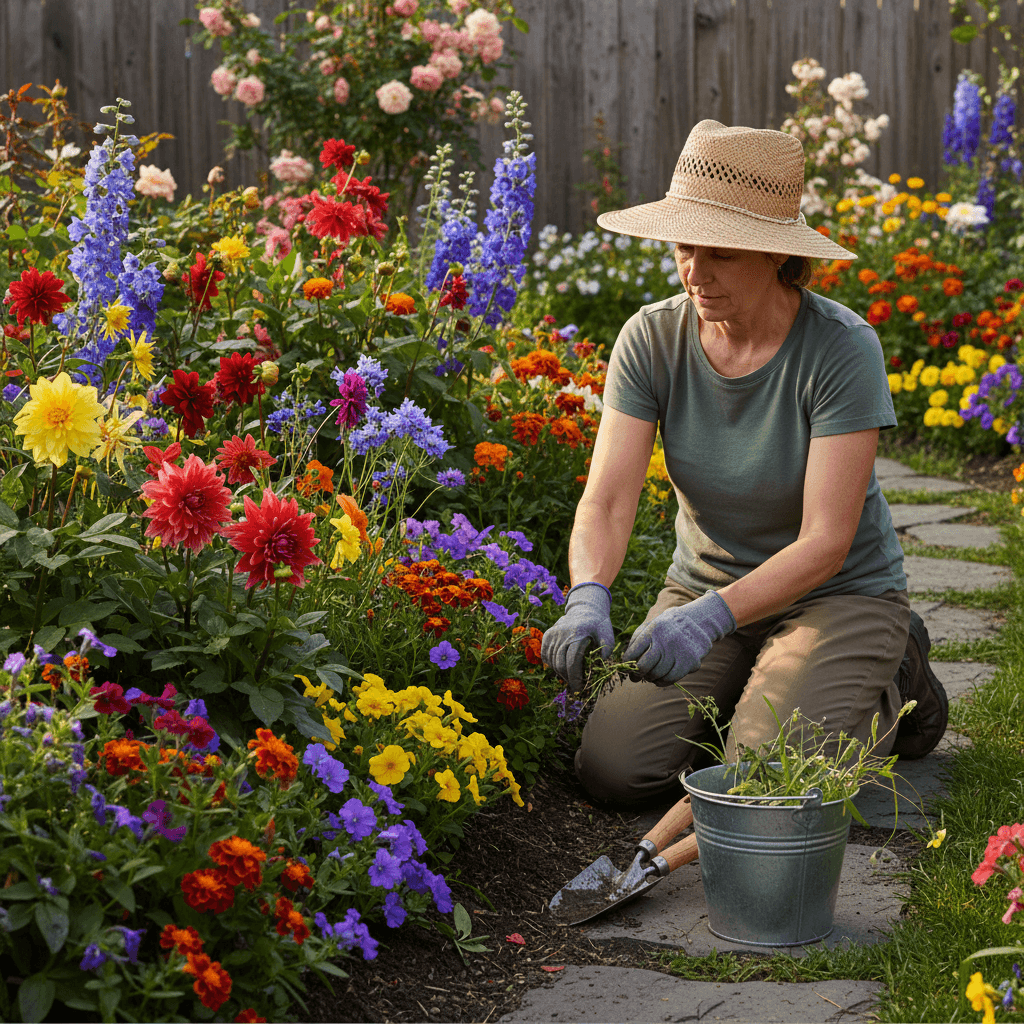 Gardener pulling weeds from a flower bed with colorful blooming plants