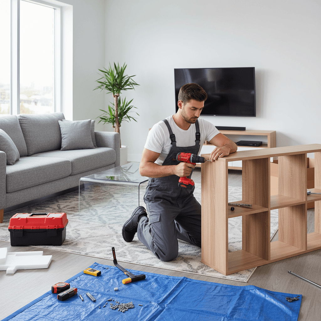 Handyman assembling furniture in a modern living room with tools