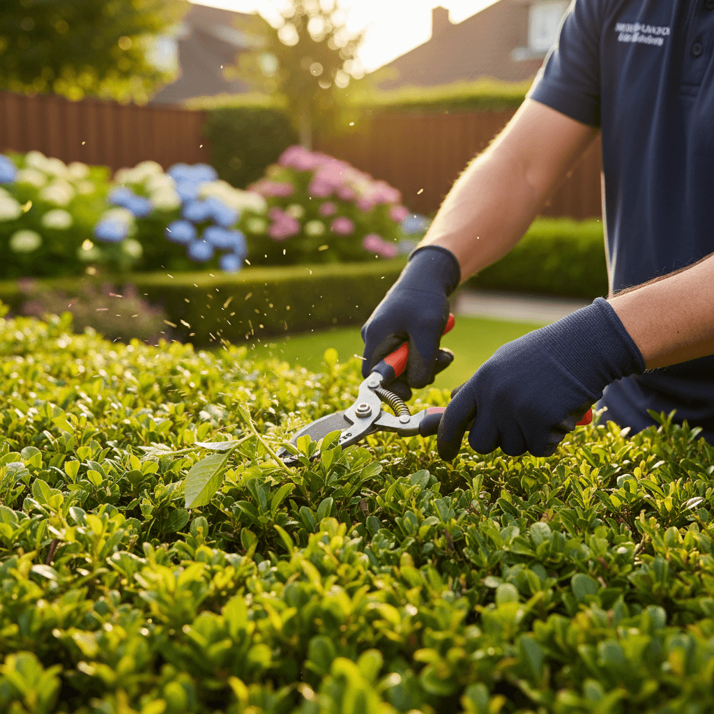 Professional landscaper trimming hedges in a residential garden