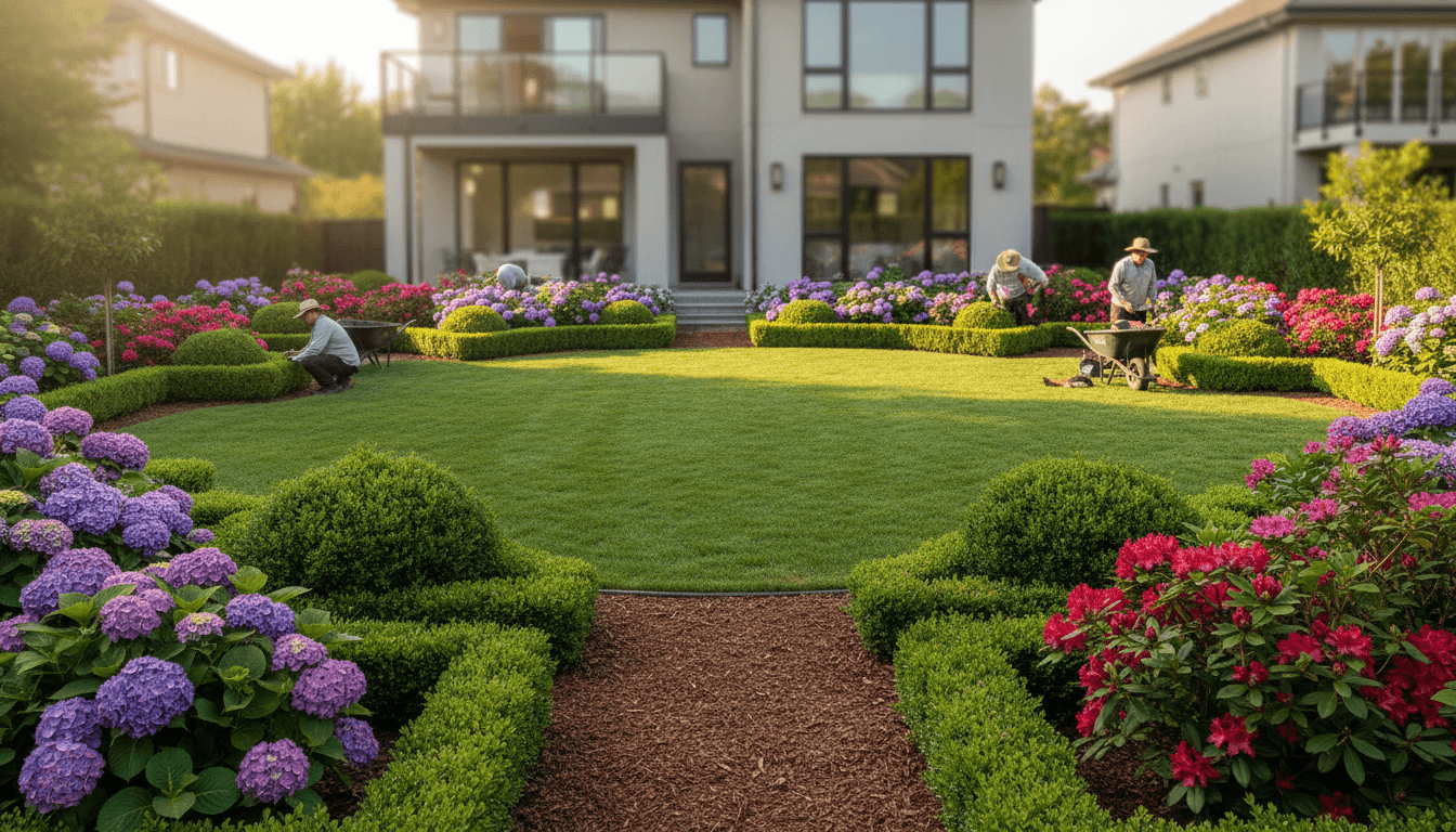 Team member planting flowers in a garden bed with fresh mulch in a bright outdoor setting