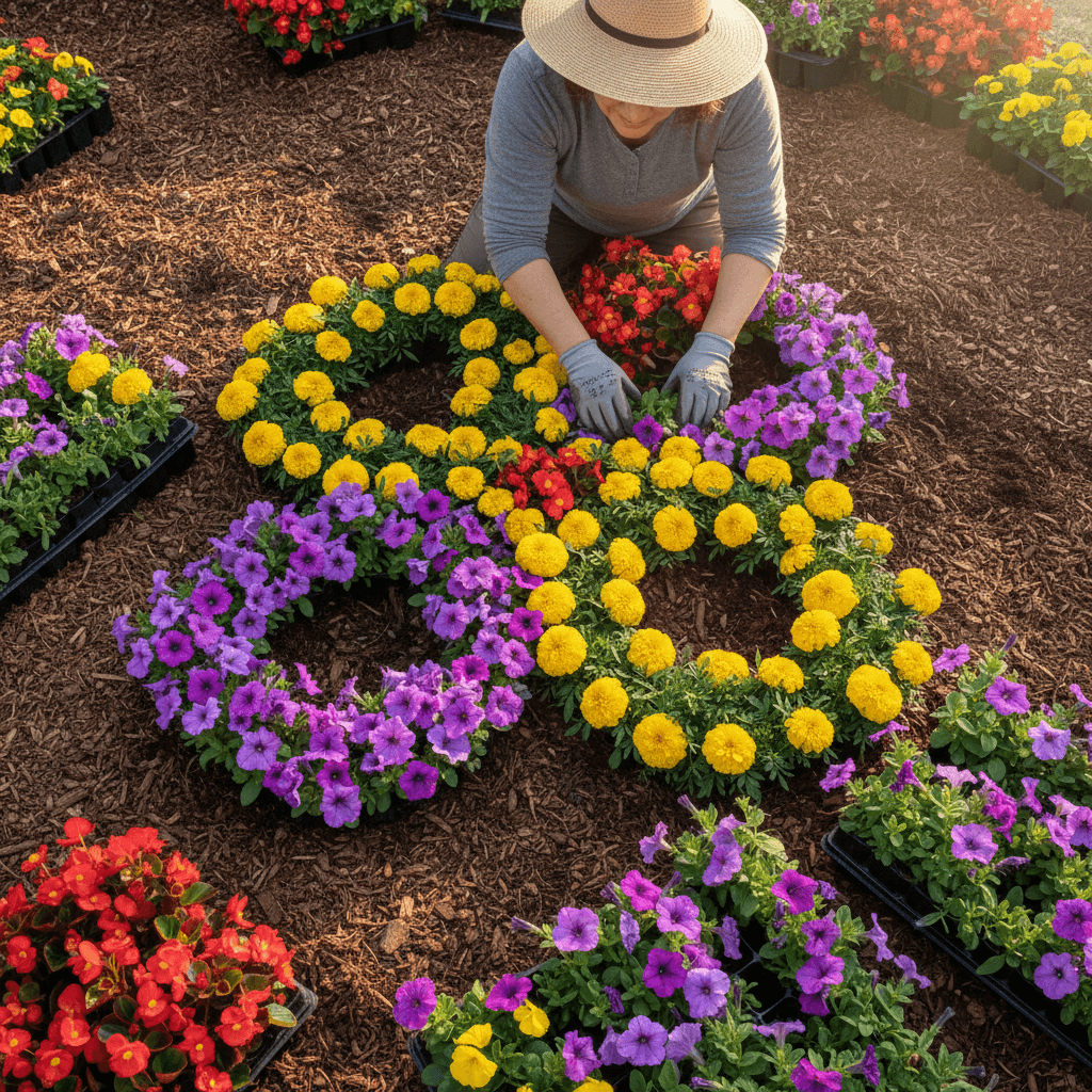 Colorful flower bed with red and yellow blooms surrounded by fresh soil