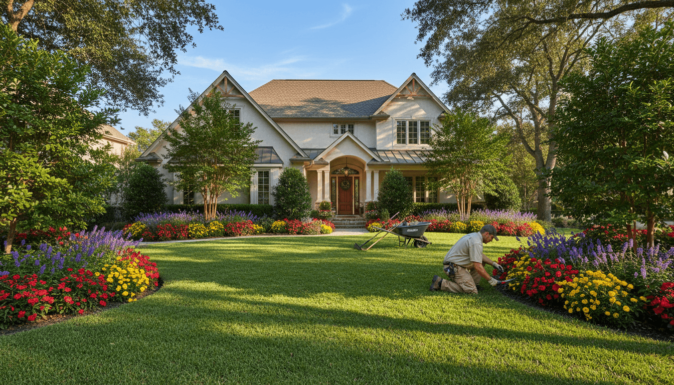 Landscaper talking with a homeowner in a front yard with lush green lawn and flower beds