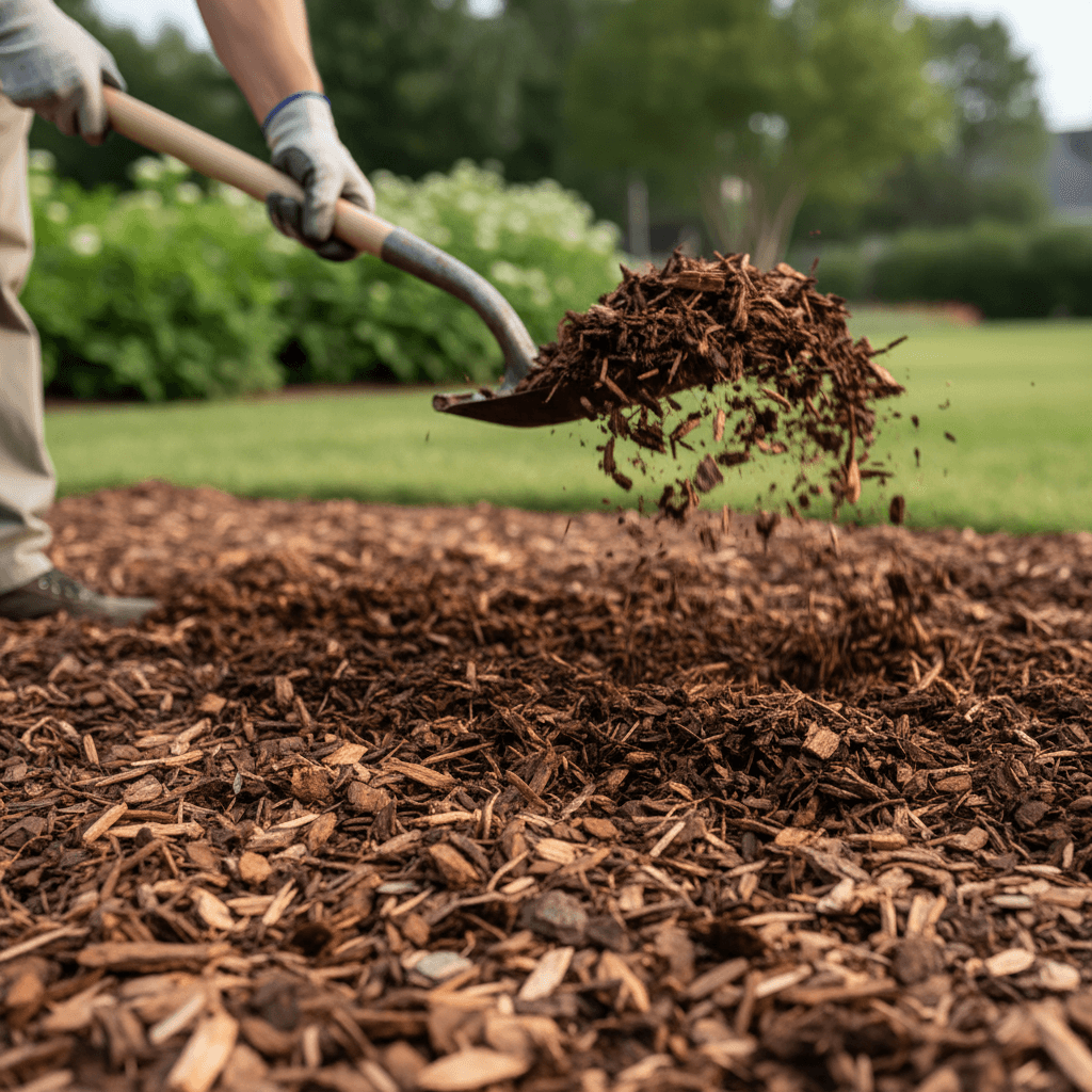 Fresh brown bark mulch spread evenly around flowering shrubs in a garden bed